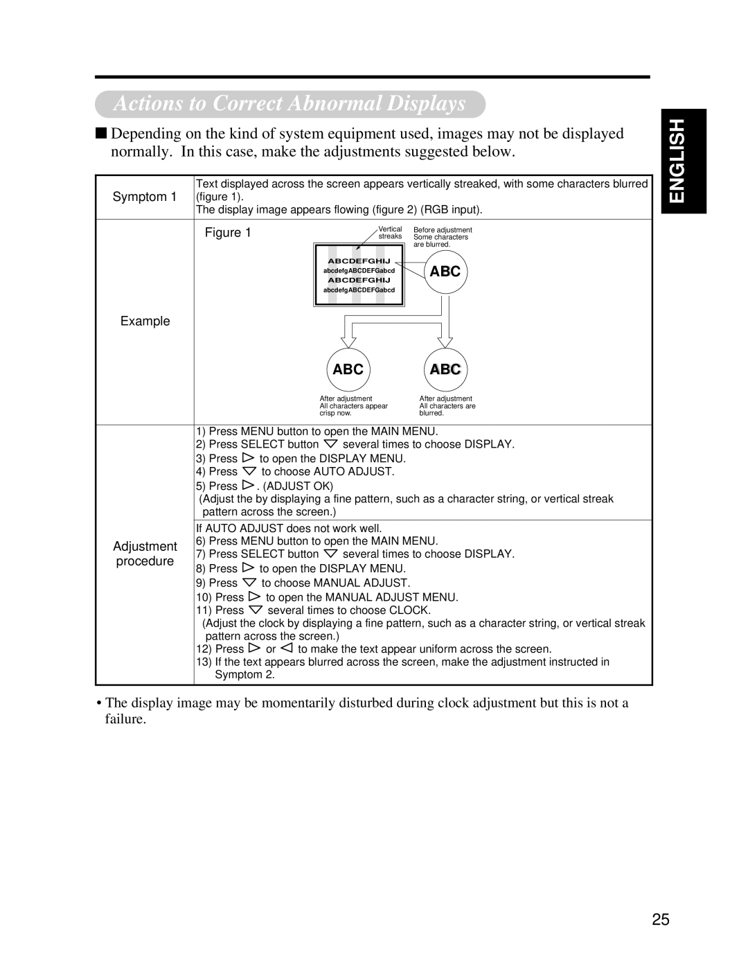 Hitachi CMP4121HDU user manual Actions to Correct Abnormal Displays, Symptom, Example, Adjustment, Procedure 