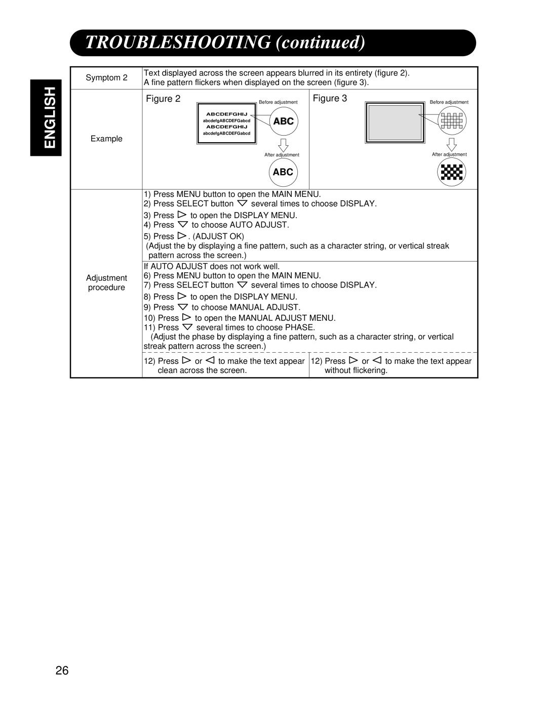 Hitachi CMP4121HDU user manual Symptom, Example, Adjustment, Procedure Press, Streak pattern across the screen 