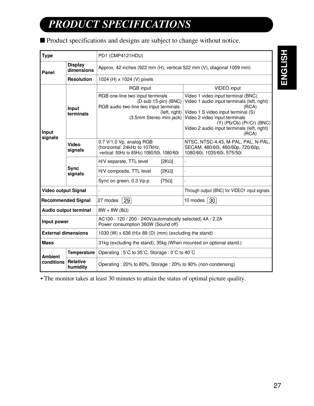 Hitachi CMP4121HDU user manual Product Specifications, Rca, NTSC, NTSC-4.43, M-PAL, PAL, N-PAL 