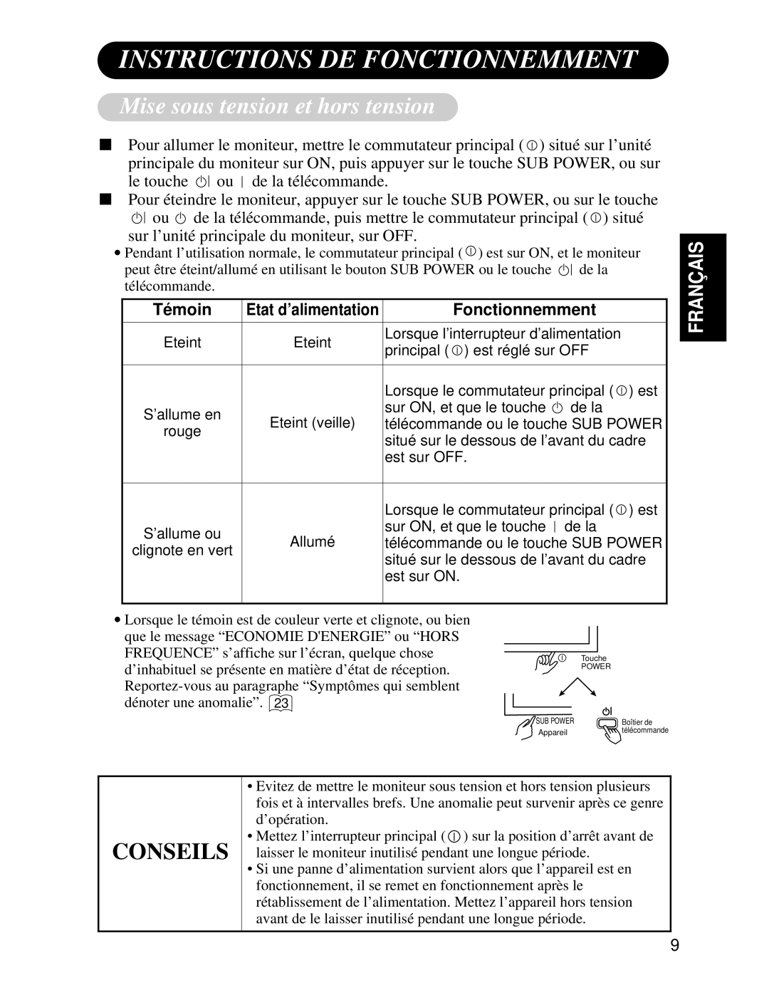 Hitachi CMP4121HDU user manual Instructions DE Fonctionnemment, Mise sous tension et hors tension, Témoin 