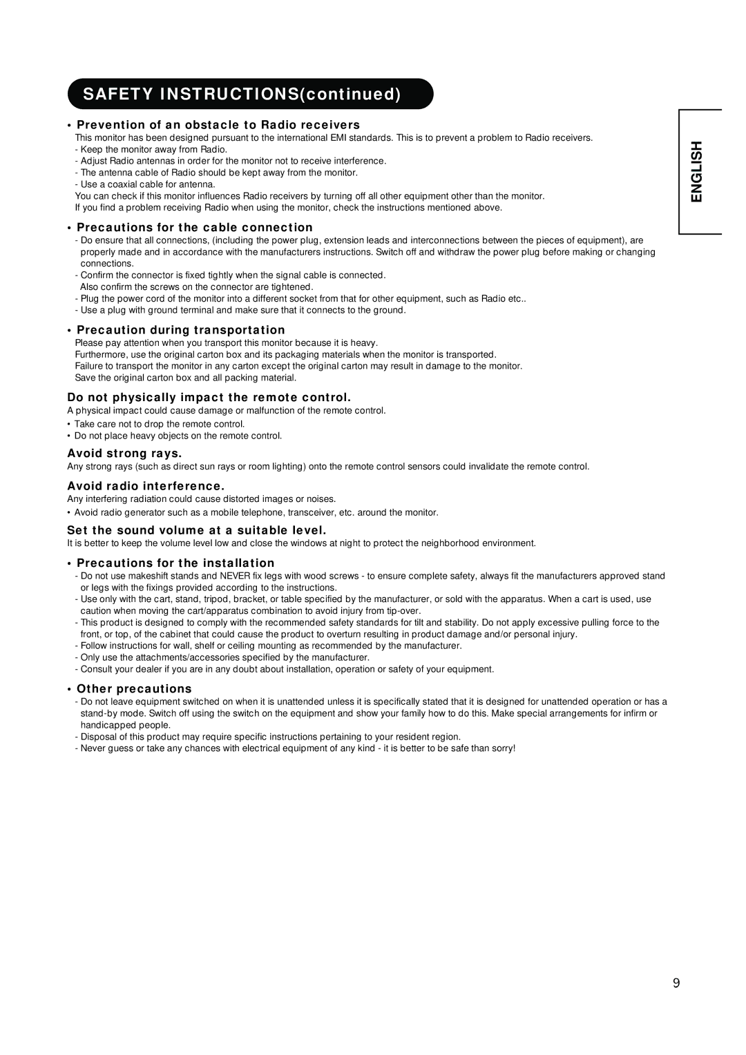 Hitachi CMP420V1 Prevention of an obstacle to Radio receivers, Precautions for the cable connection, Avoid strong rays 