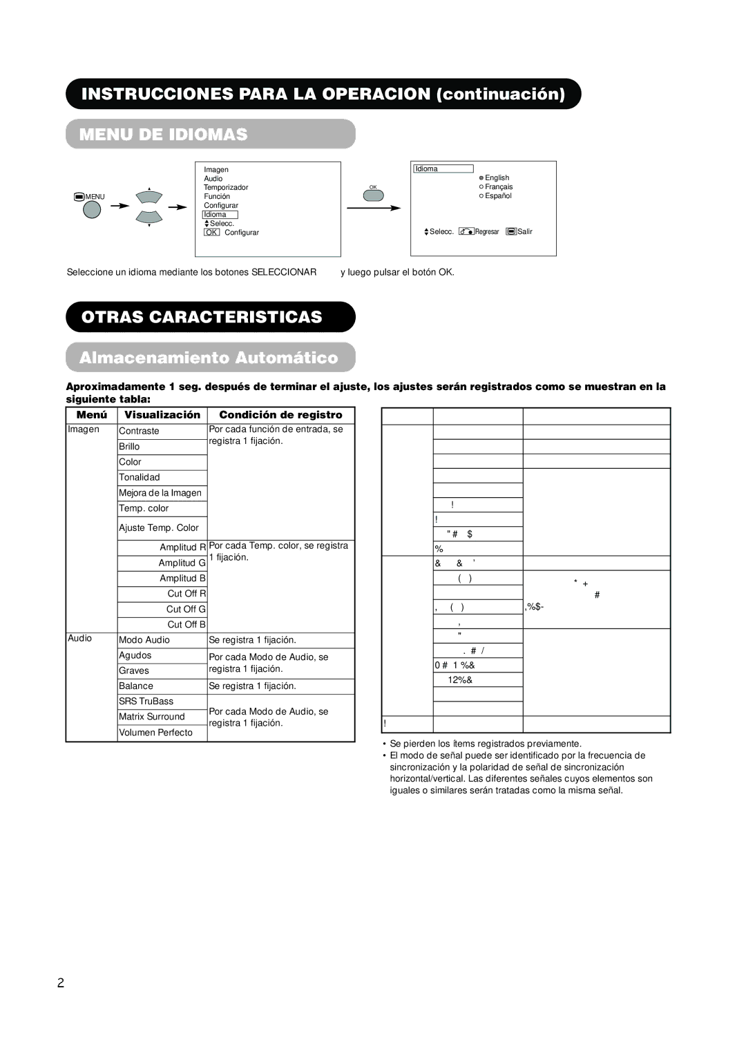 Hitachi CMP420V2, CMP420V1 user manual Menu DE Idiomas, Otras Caracteristicas, Almacenamiento Automático 