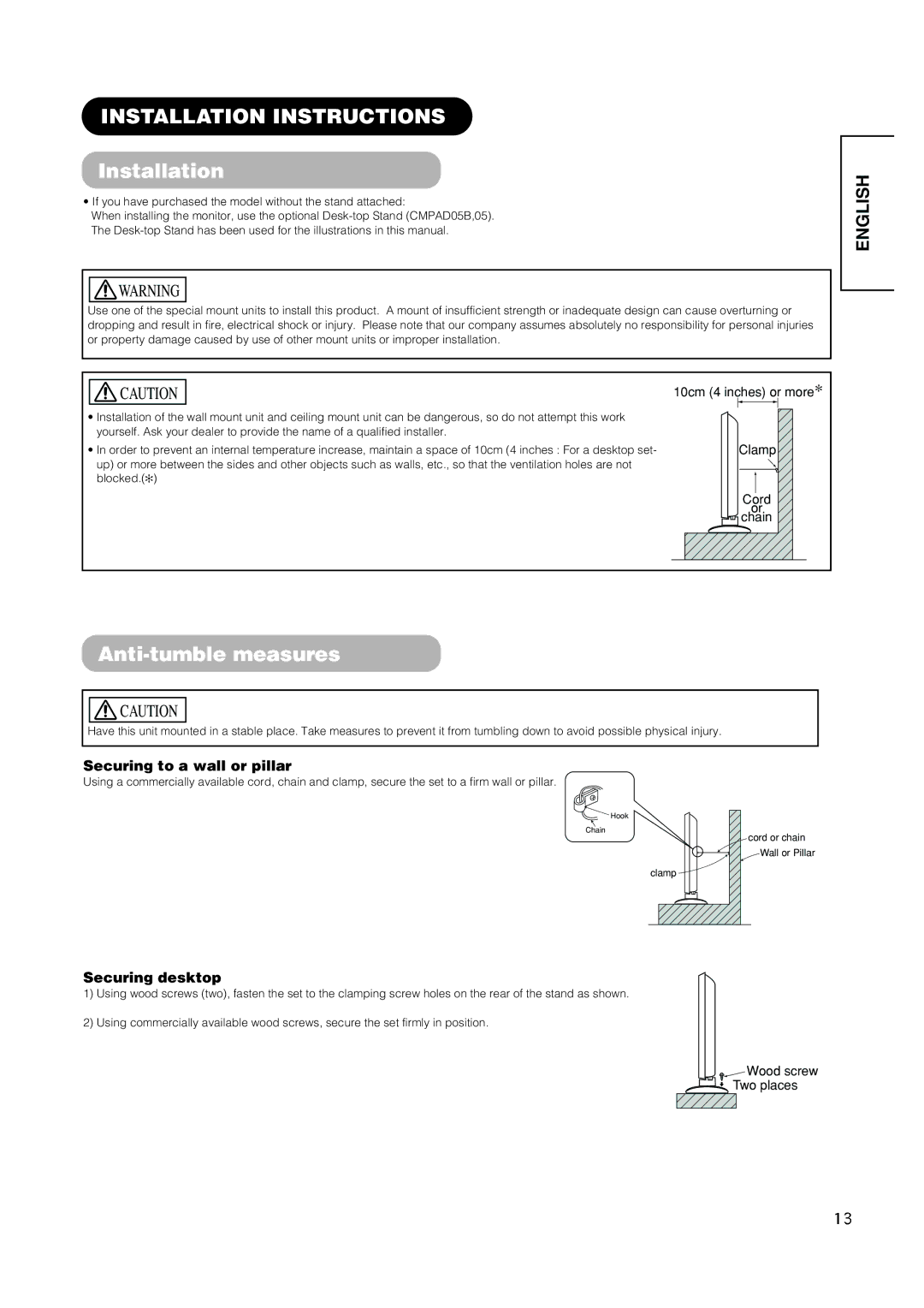 Hitachi CMP420V1, CMP420V2 Installation Instructions, Anti-tumble measures, Securing to a wall or pillar, Securing desktop 