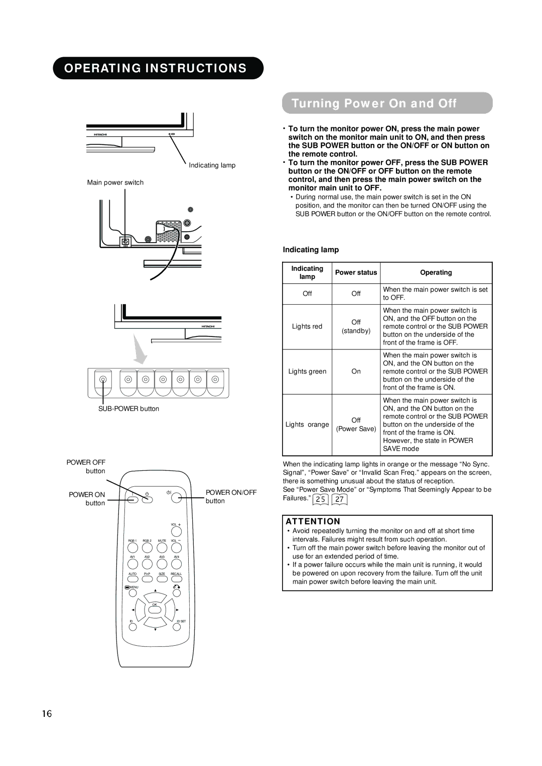 Hitachi CMP420V2 Operating Instructions, Turning Power On and Off, Indicating lamp, Indicating Power status Operating 