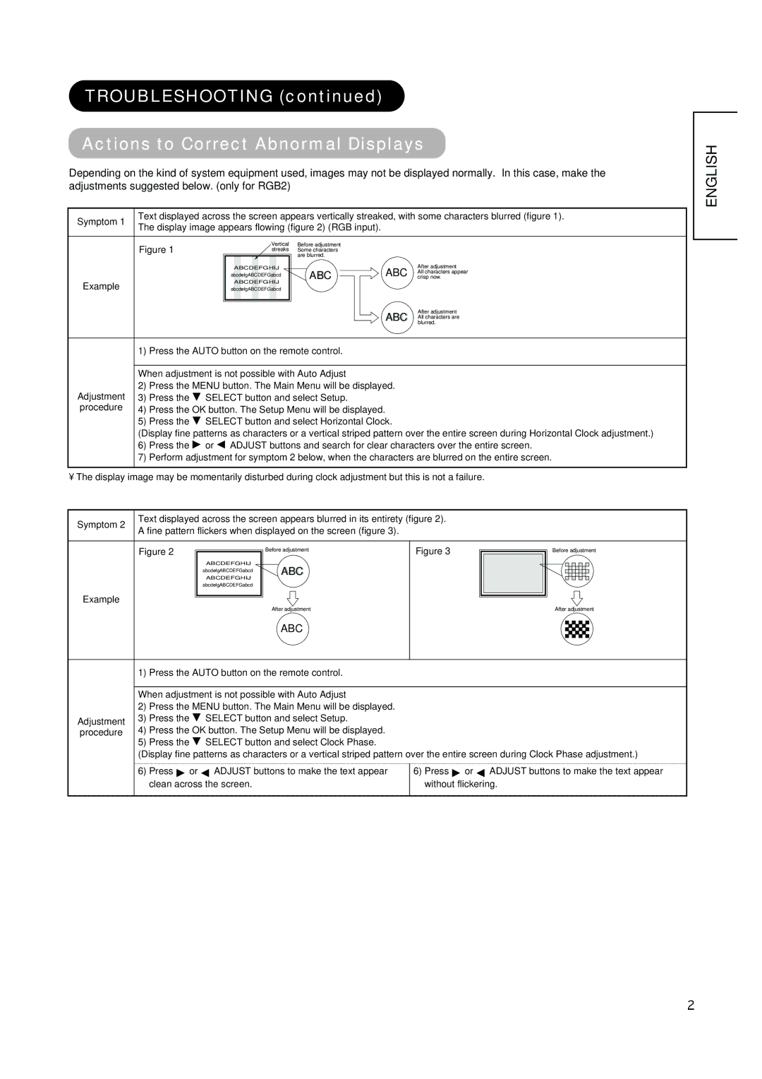 Hitachi CMP420V1 Troubleshooting Actions to Correct Abnormal Displays, Press the Select button and select Horizontal Clock 