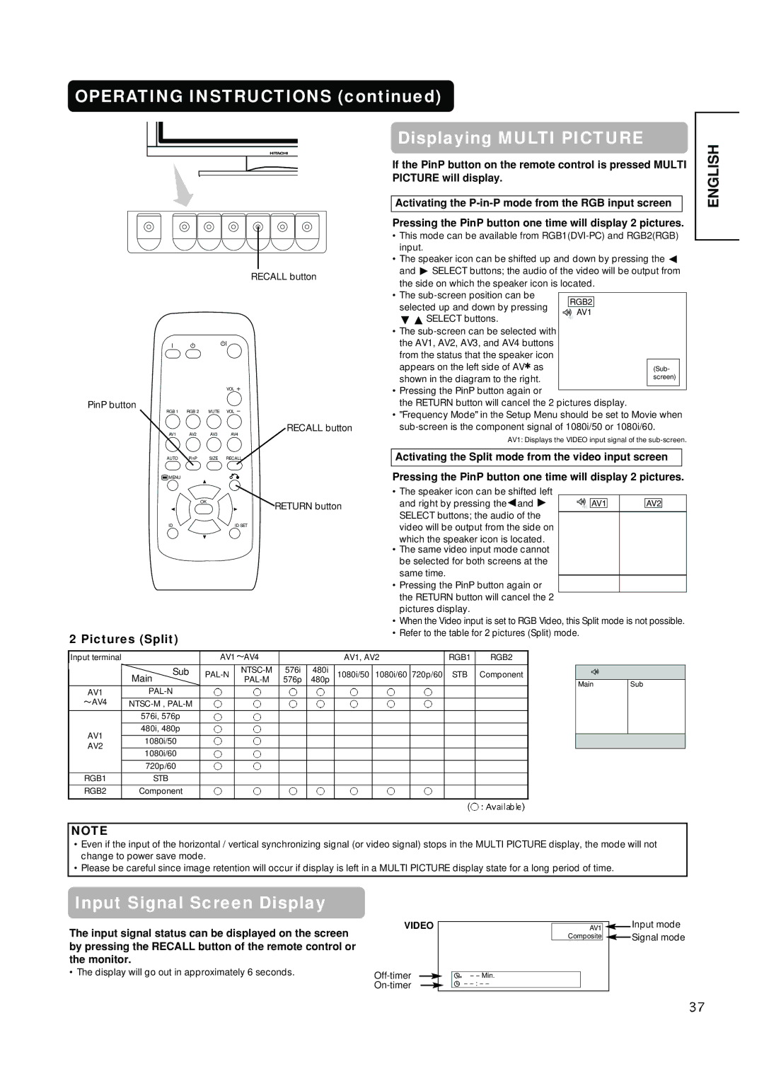 Hitachi CMP420V1, CMP420V2 user manual Operating Instructions Displaying Multi Picture, Pictures Split 