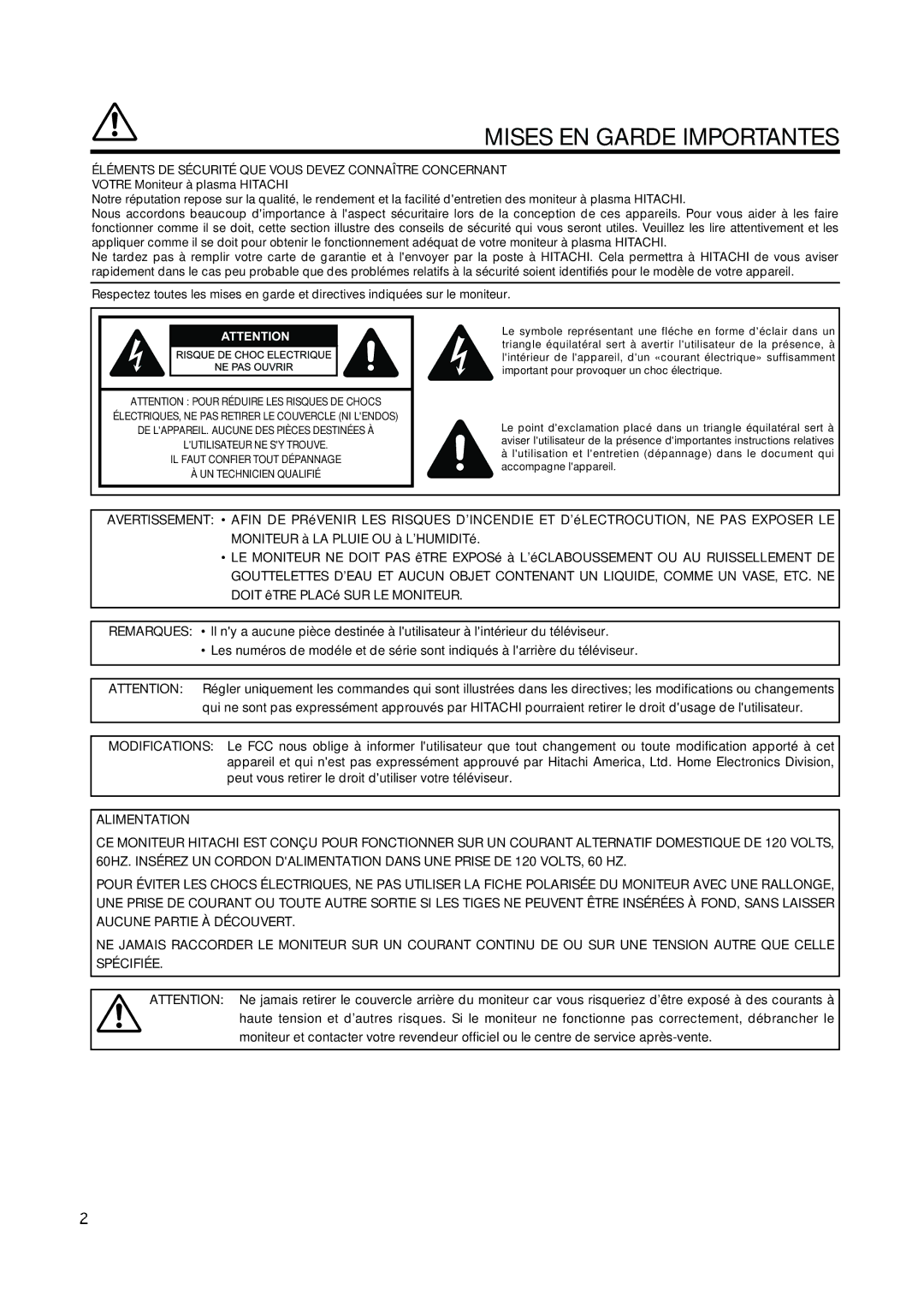 Hitachi CMP420V2, CMP420V1 user manual Mises EN Garde Importantes 