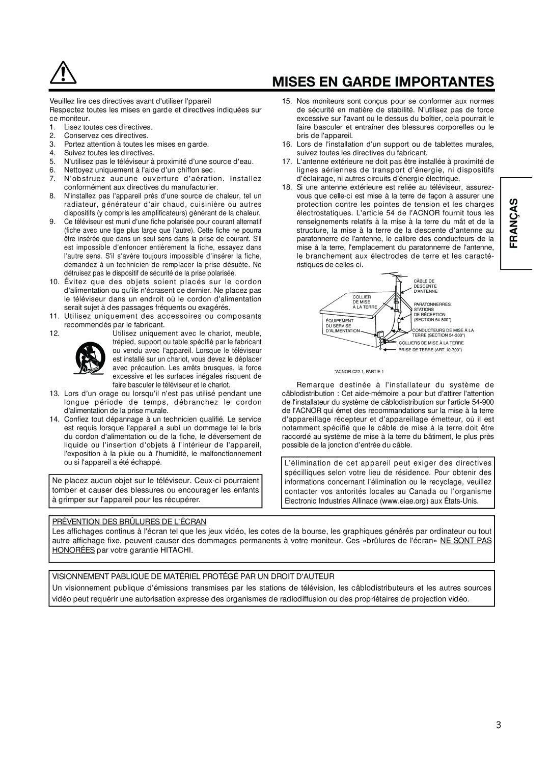 Hitachi CMP420V1, CMP420V2 user manual Prévention DES Brûlures DE Lécran 