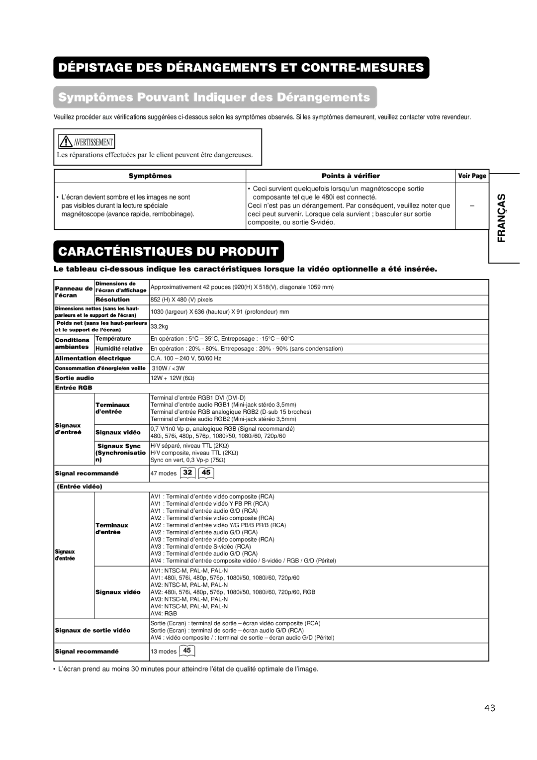 Hitachi CMP420V1, CMP420V2 user manual Symptômes Points à vérifier, Ceci survient quelquefois lorsqu’un magnétoscope sortie 