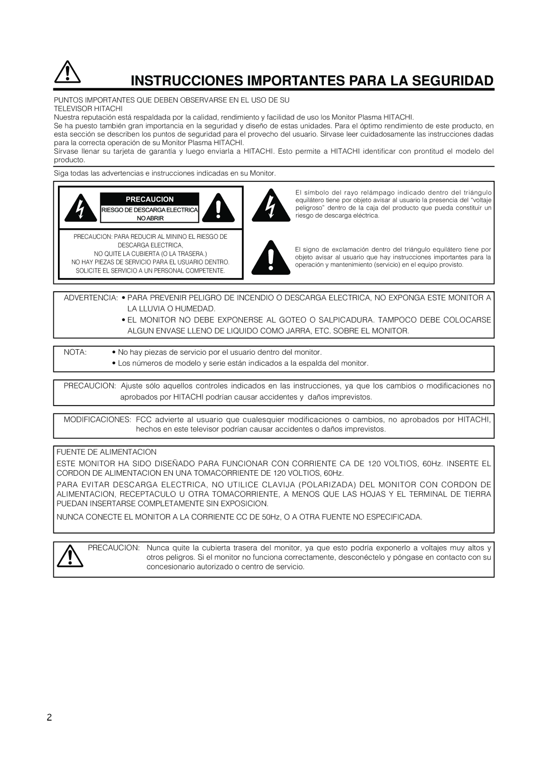 Hitachi CMP420V2, CMP420V1 user manual No hay piezas de servicio por el usuario dentro del monitor, Fuente DE Alimentacion 