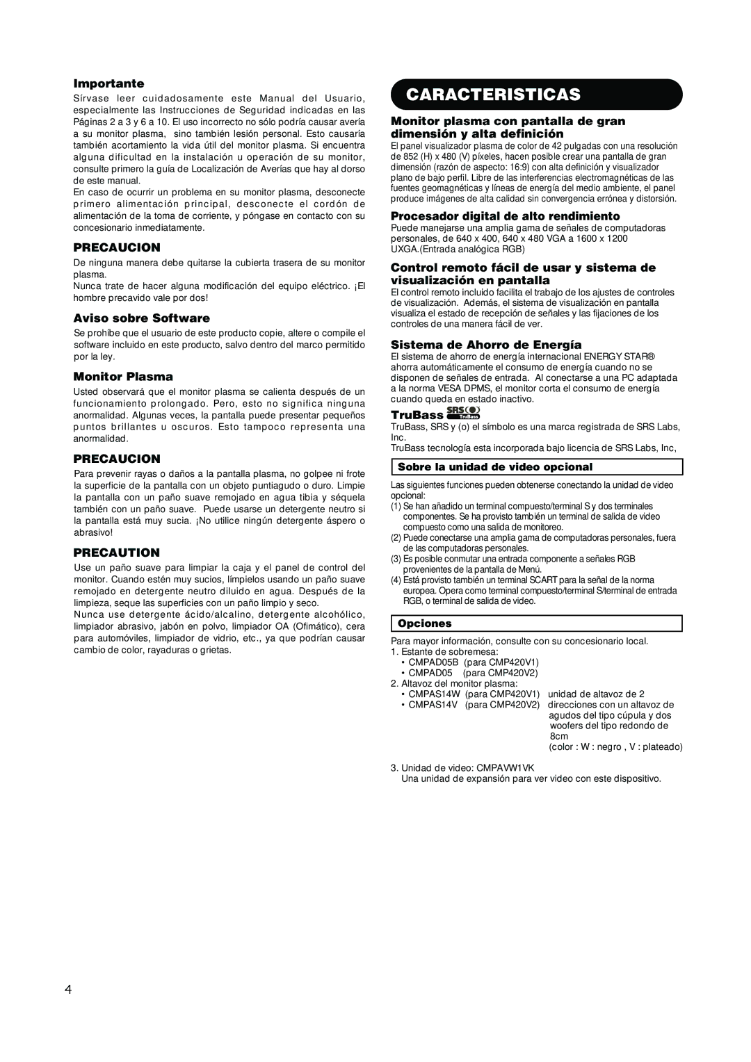 Hitachi CMP420V2, CMP420V1 user manual Caracteristicas 