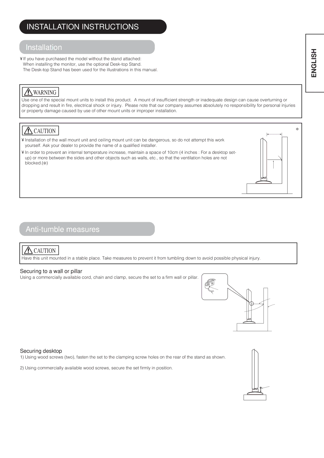 Hitachi CMP4212, CMP4211 Installation Instructions, Anti-tumble measures, Securing to a wall or pillar, Securing desktop 