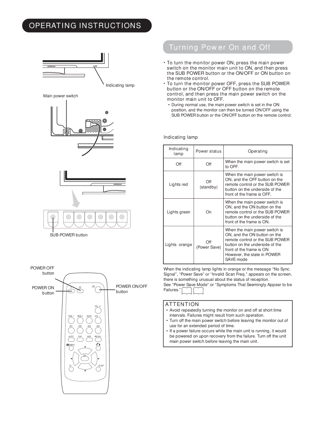 Hitachi CMP4211, CMP4212 user manual Operating Instructions, Turning Power On and Off, Indicating lamp 