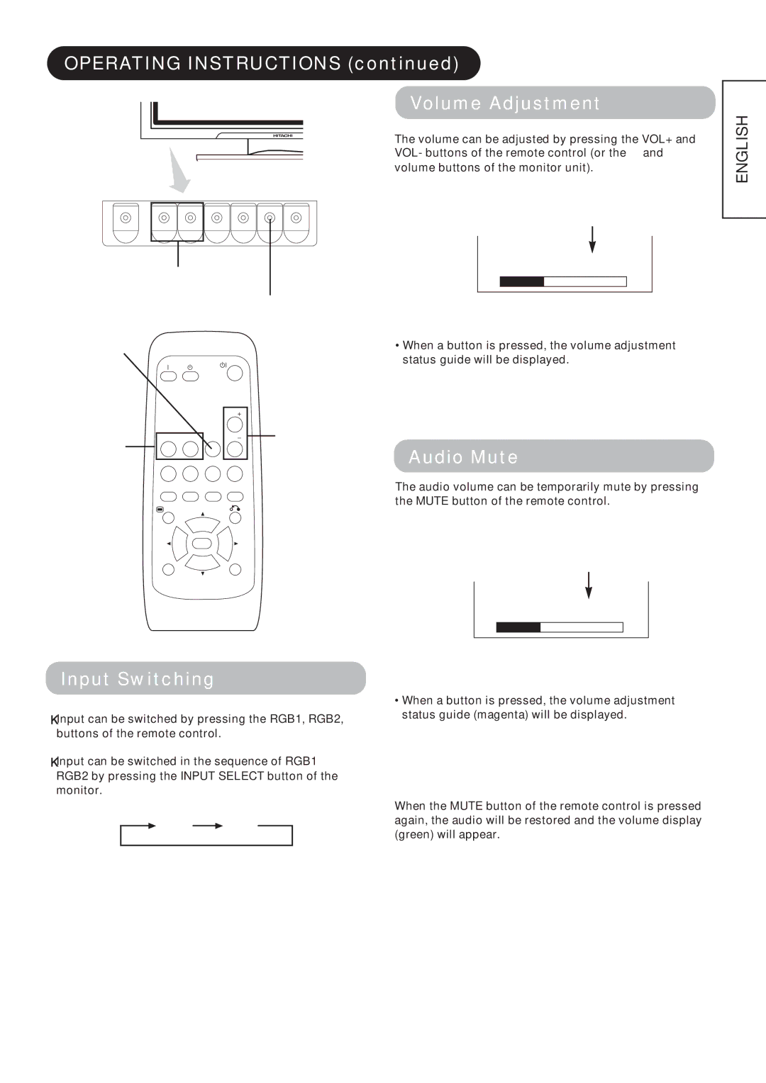 Hitachi CMP4212 Operating Instructions Volume Adjustment, Audio Mute, Input Switching, Status guide will be displayed 