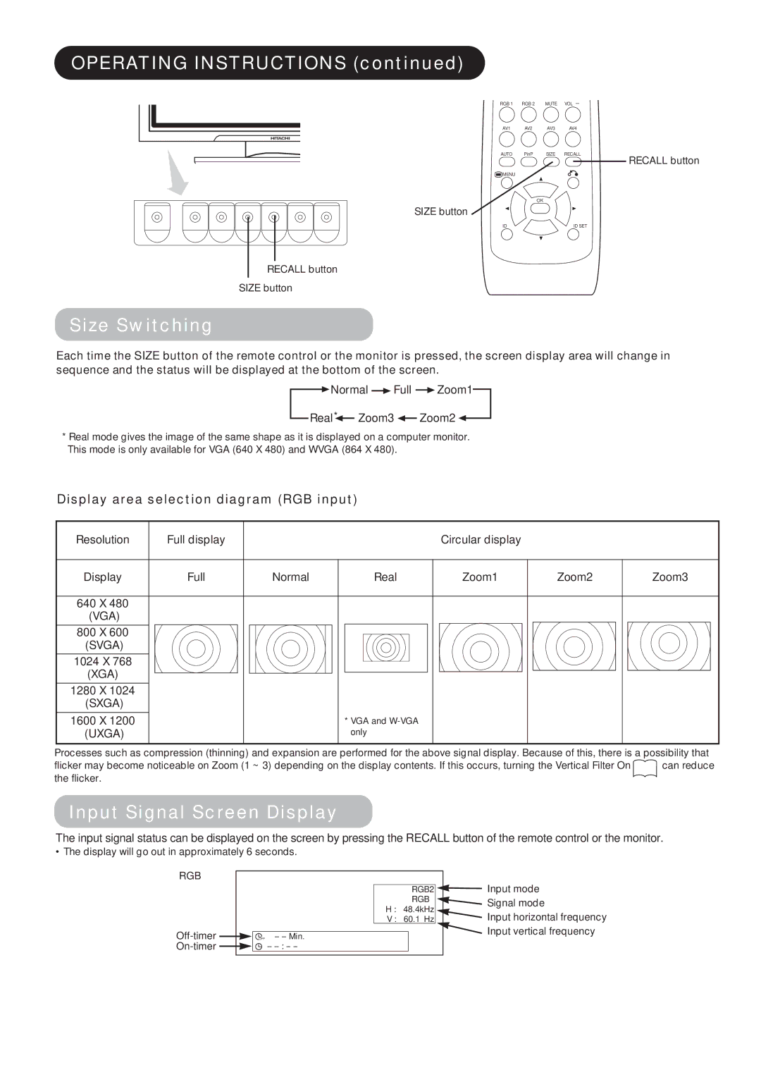 Hitachi CMP4211, CMP4212 user manual Operating Instructions, Size Switching, Input Signal Screen Display 