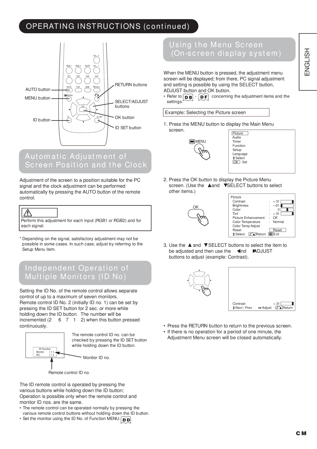 Hitachi CMP4212, CMP4211 user manual Operating Instructions Using the Menu Screen, On-screen display system 