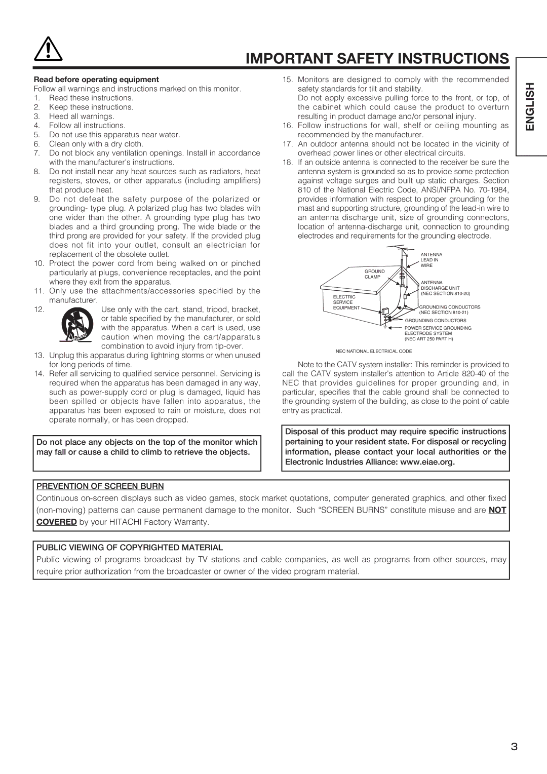 Hitachi CMP4212, CMP4211 user manual Prevention of Screen Burn 