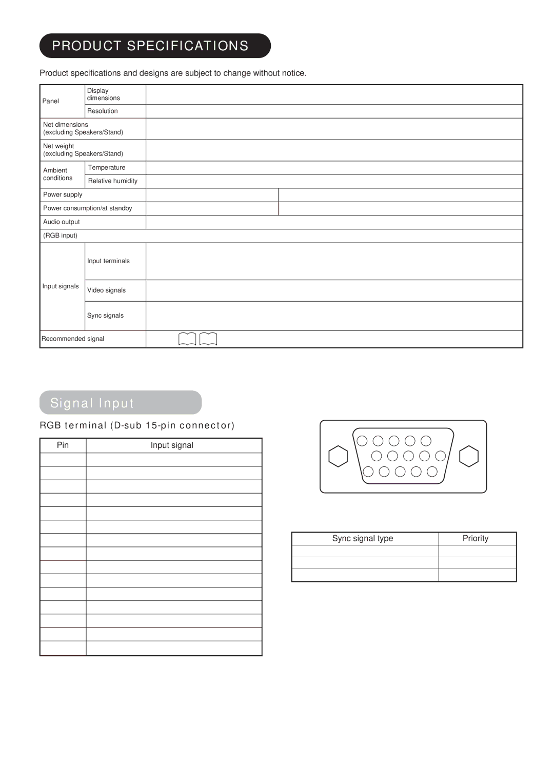 Hitachi CMP4211, CMP4212 Product Specifications, Signal Input, RGB terminal D-sub 15-pin connector, Pin Input signal 