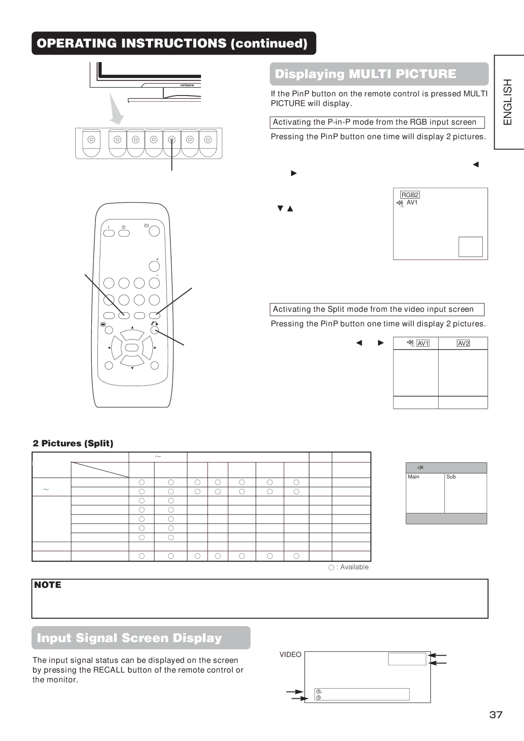 Hitachi CMP4212, CMP4211 user manual Operating Instructions Displaying Multi Picture, Pictures Split 