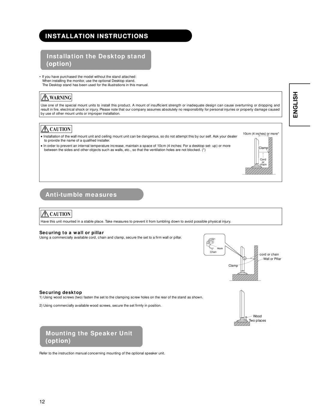 Hitachi CMP4221 user manual Installation Instructions, Installation the Desktop stand option, Anti-tumble measures 