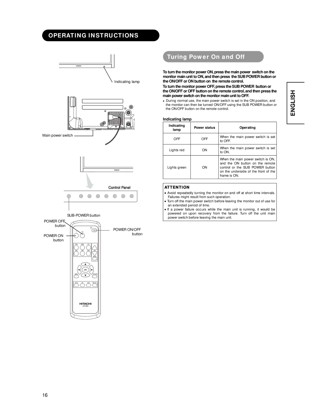 Hitachi CMP4221 user manual Operating Instructions, Turing Power On and Off, Indicating lamp, Control Panel 