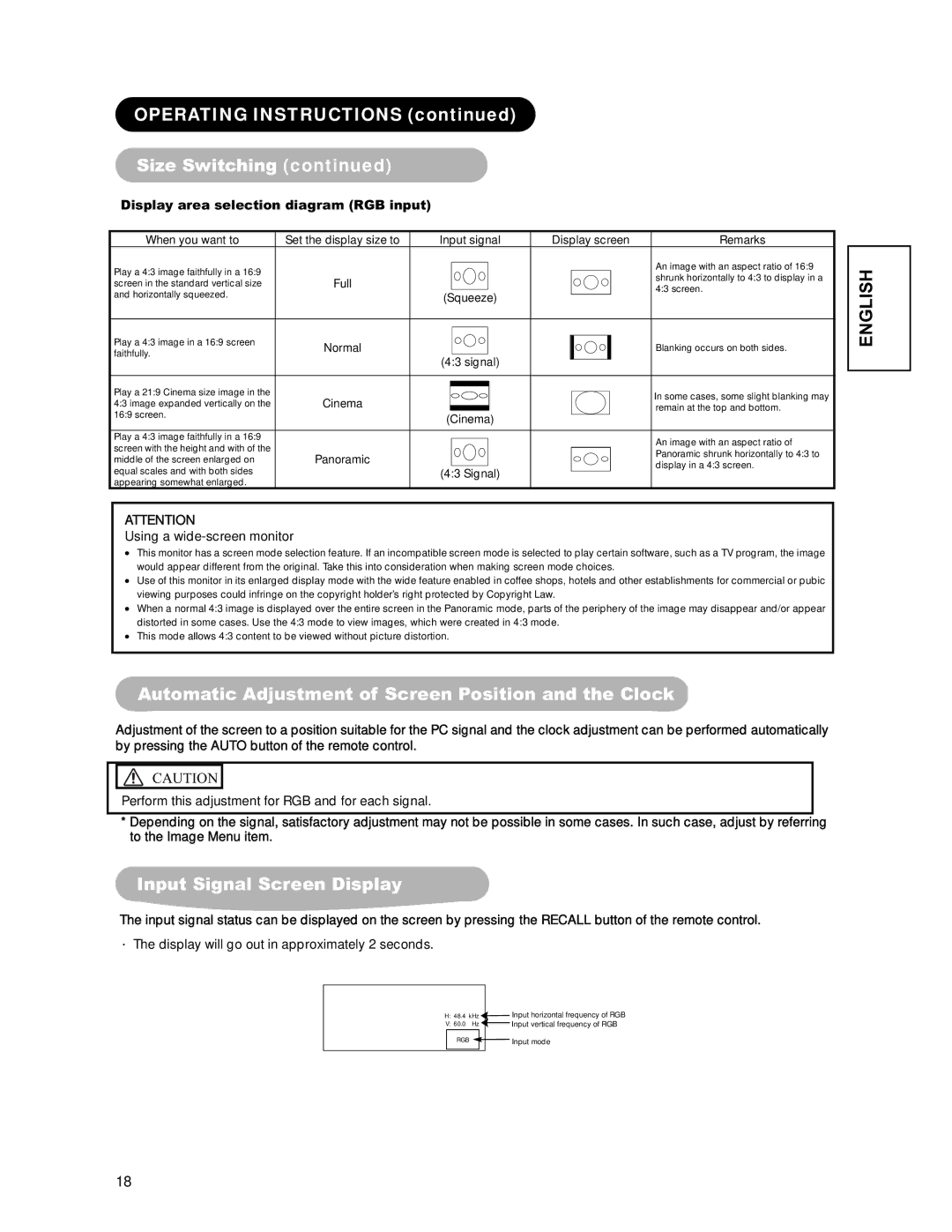 Hitachi CMP4221 user manual Operating Instructions Size Switching, Squeeze, Normal, Signal, Cinema 