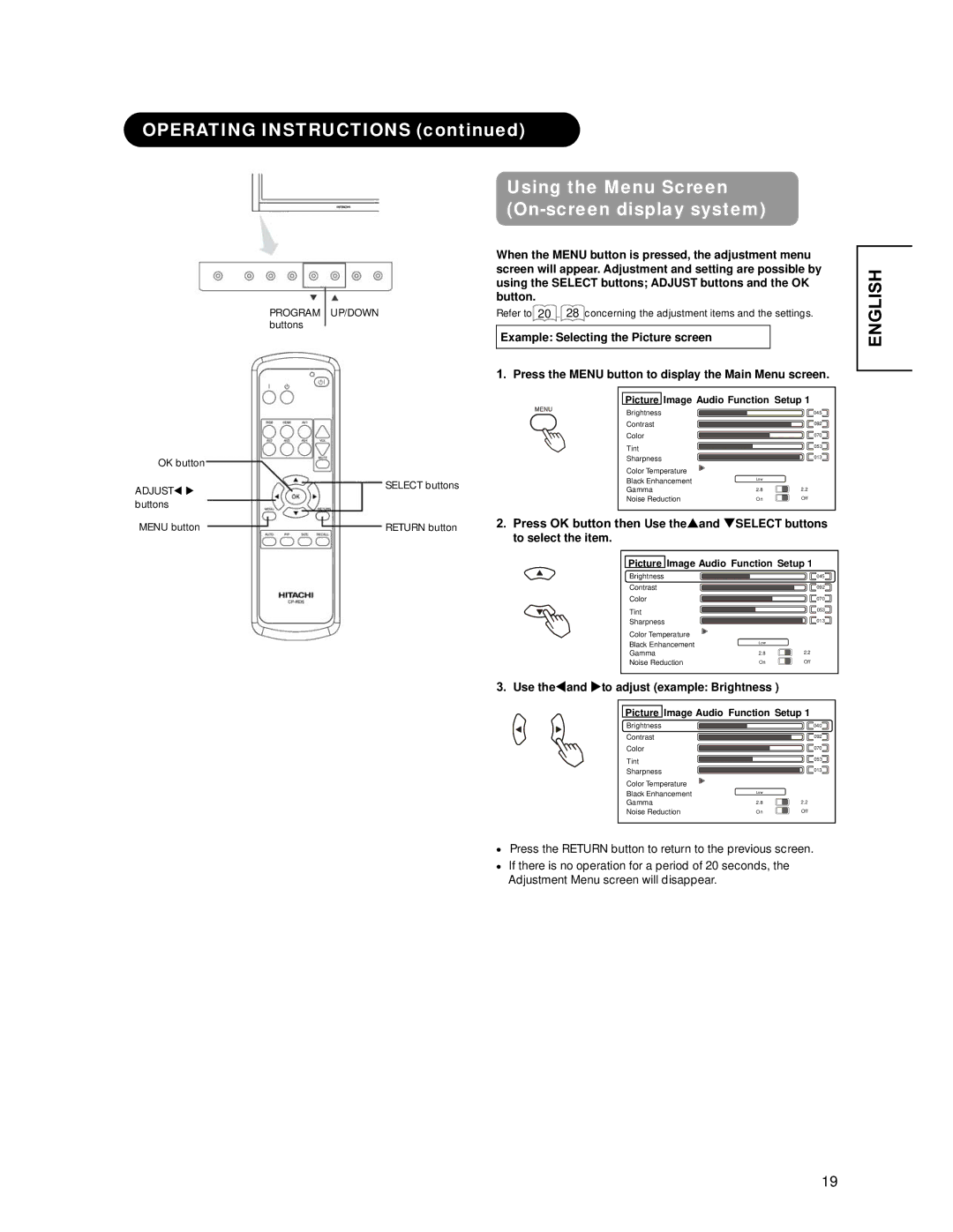 Hitachi CMP4221 user manual Use theWand Xto adjust example Brightness, Program UP/DOWN buttons OK button 