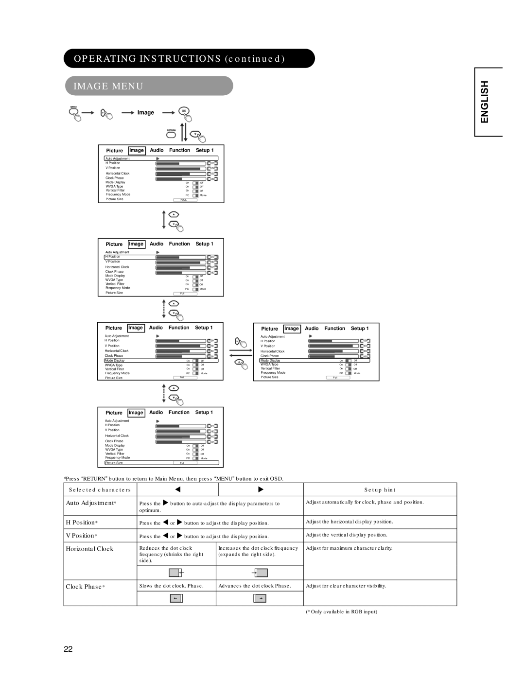 Hitachi CMP4221 user manual Image Menu 