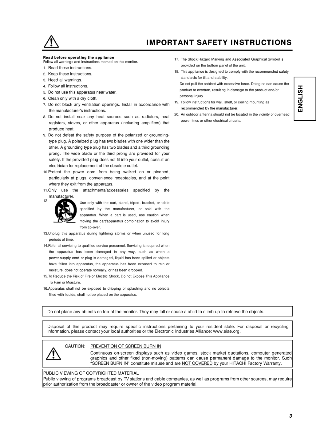 Hitachi CMP4221 Read before operating the appliance, Follow all warnings and instructions marked on this monitor 