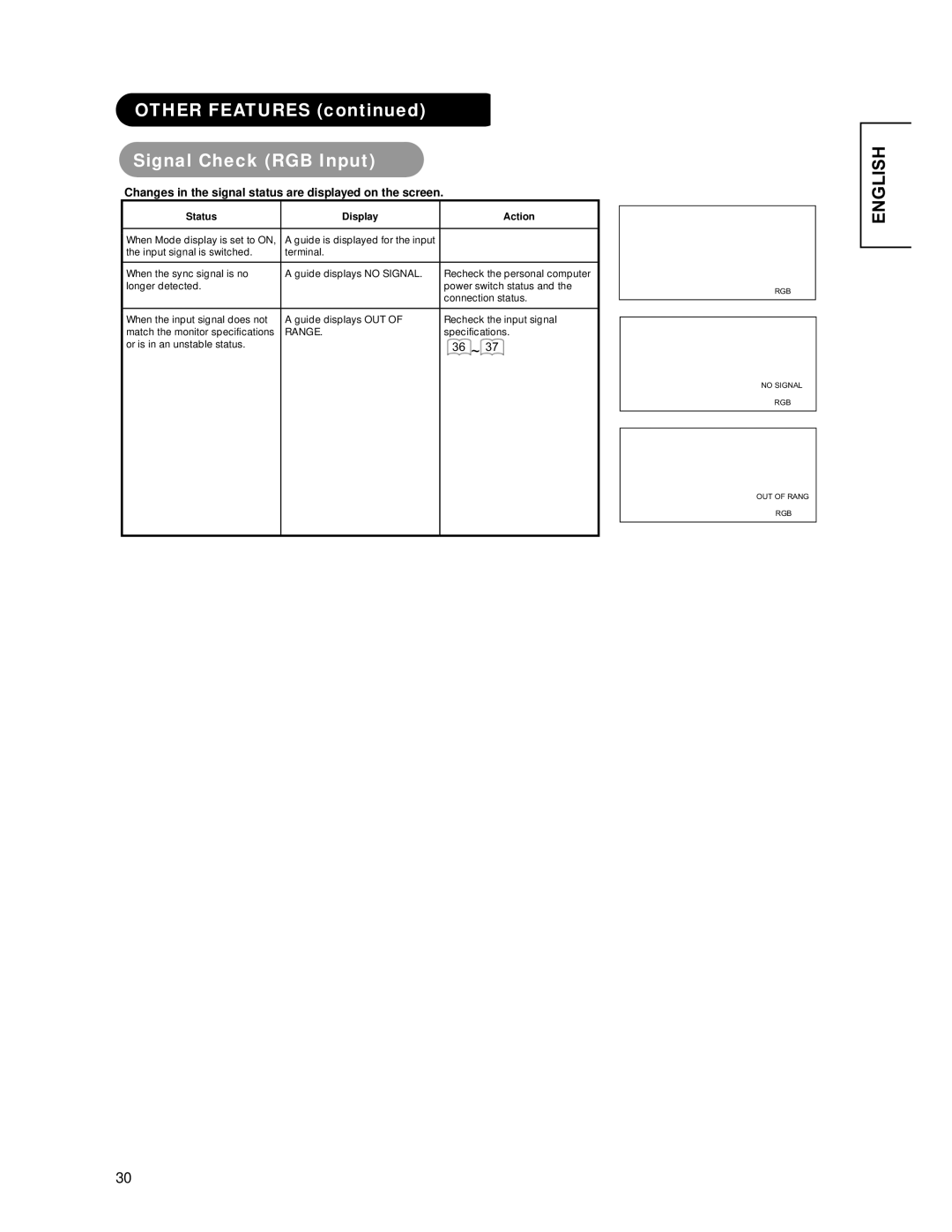 Hitachi CMP4221 user manual Other Features Signal Check RGB Input, Changes in the signal status are displayed on the screen 