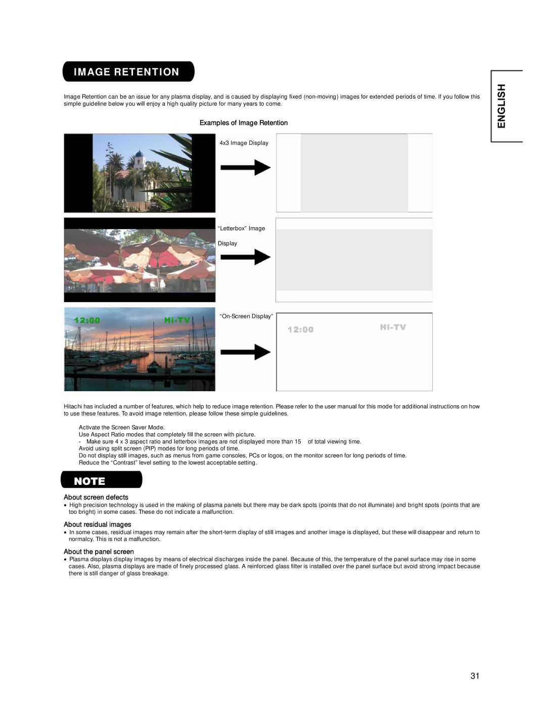 Hitachi CMP4221 Examples of Image Retention, About screen defects, About residual images, About the panel screen 