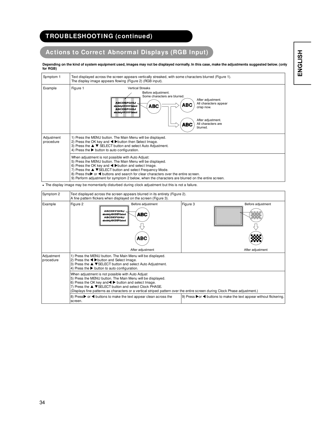 Hitachi CMP4221 user manual Symptom, Display image appears flowing RGB input, Example, Adjustment, Screen 