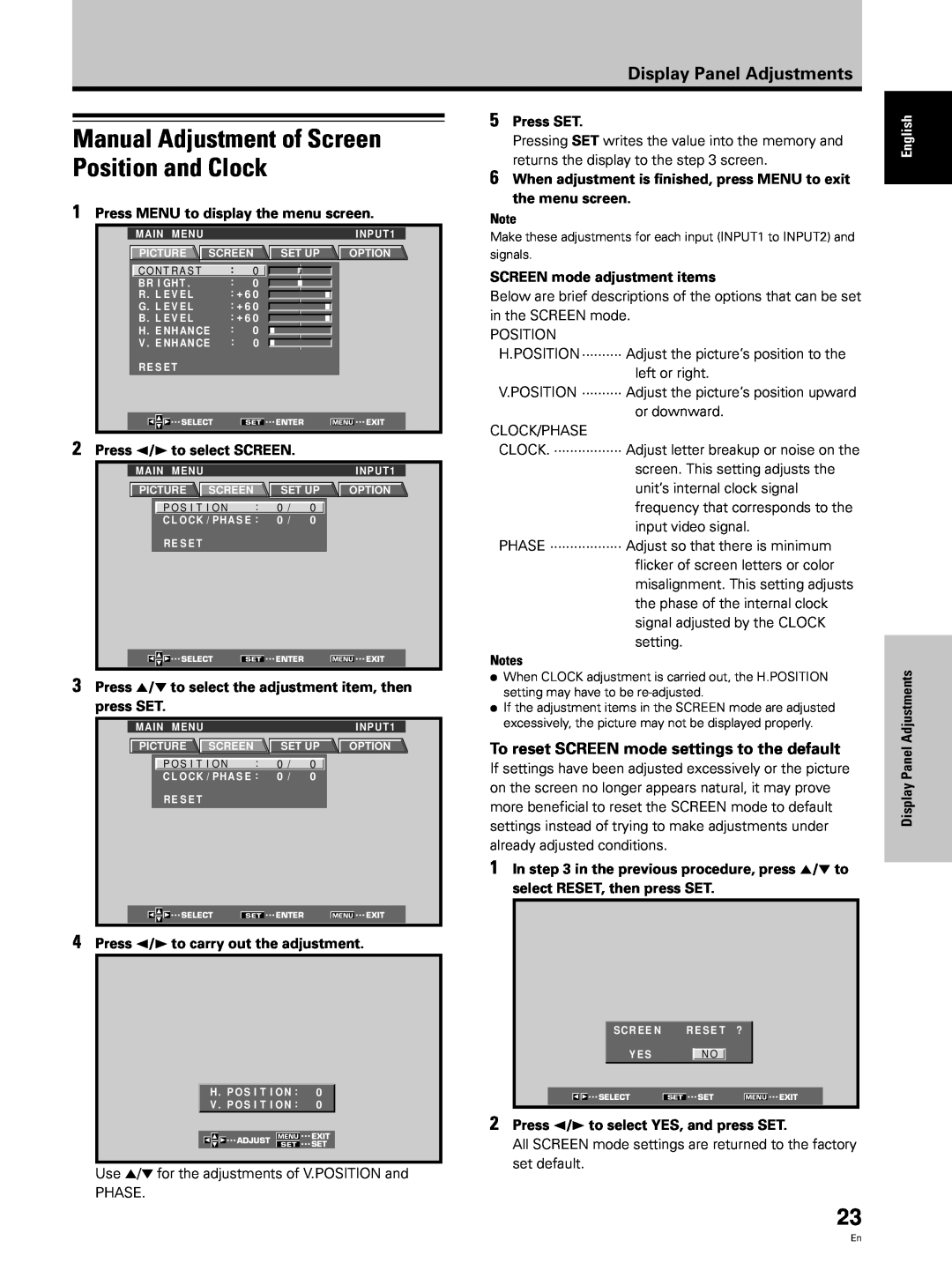 Hitachi CMP5000WXJ Manual Adjustment of Screen Position and Clock, Display Panel Adjustments, 2Press 2/3 to select SCREEN 