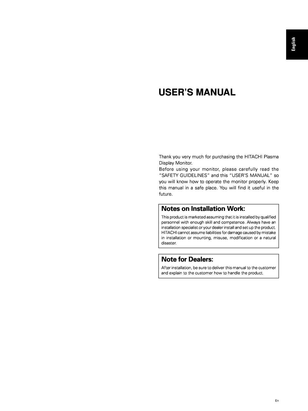 Hitachi CMP5000WXJ, CMP5000WXU user manual User’S Manual, Notes on Installation Work, Note for Dealers 