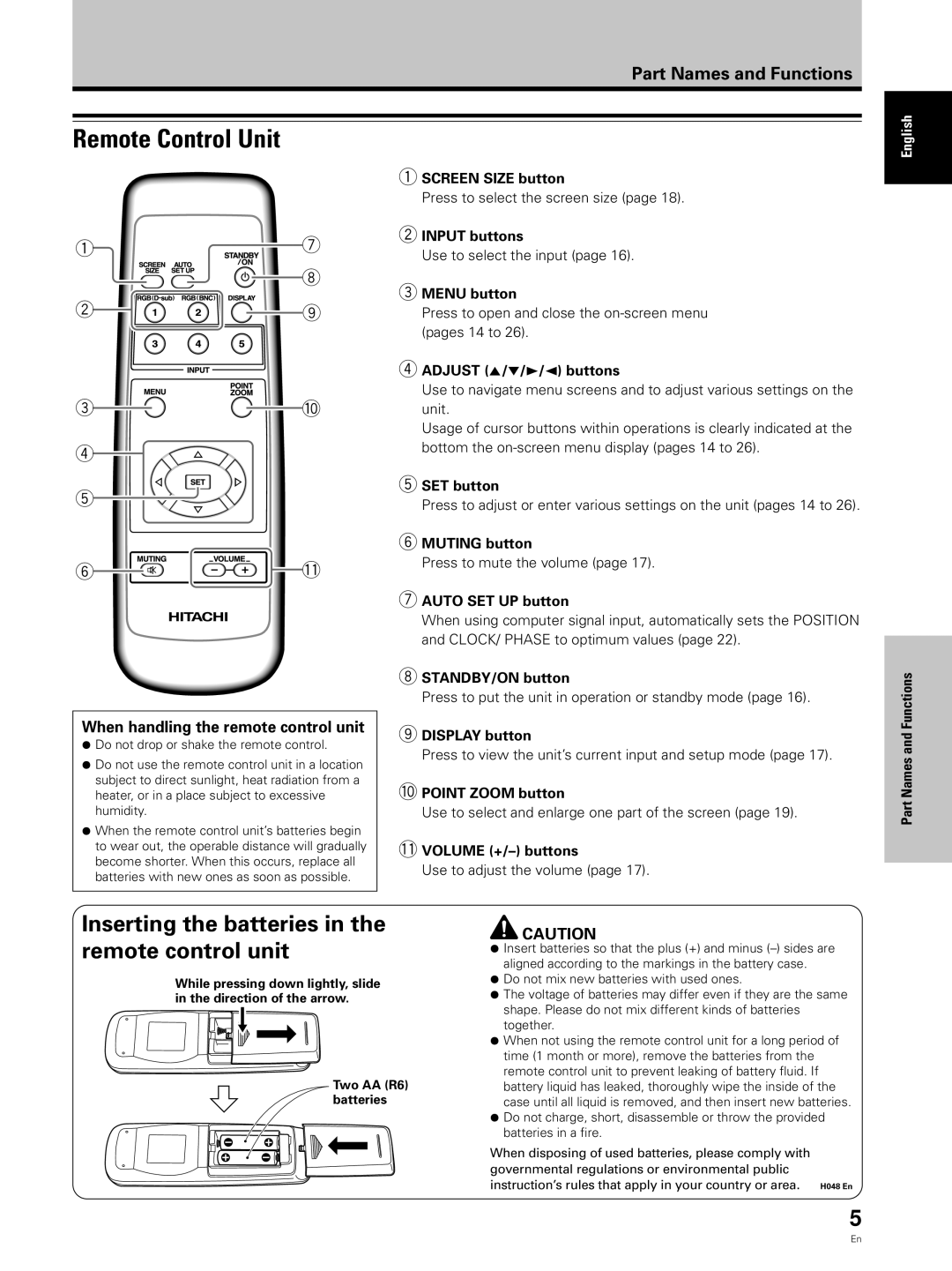 Hitachi CMP5000WXJ Remote Control Unit, Inserting the batteries Remote control unit, When handling the remote control unit 