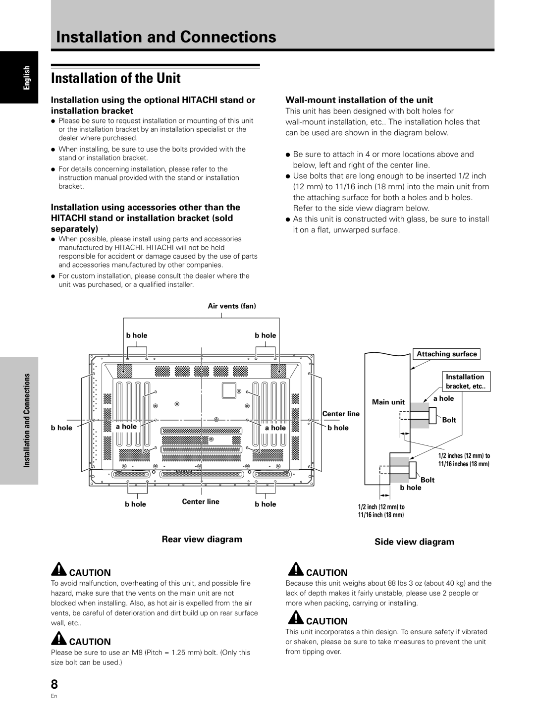 Hitachi CMP5000WXU, CMP5000WXJ Installation and Connections, Installation of the Unit, Wall-mount installation of the unit 