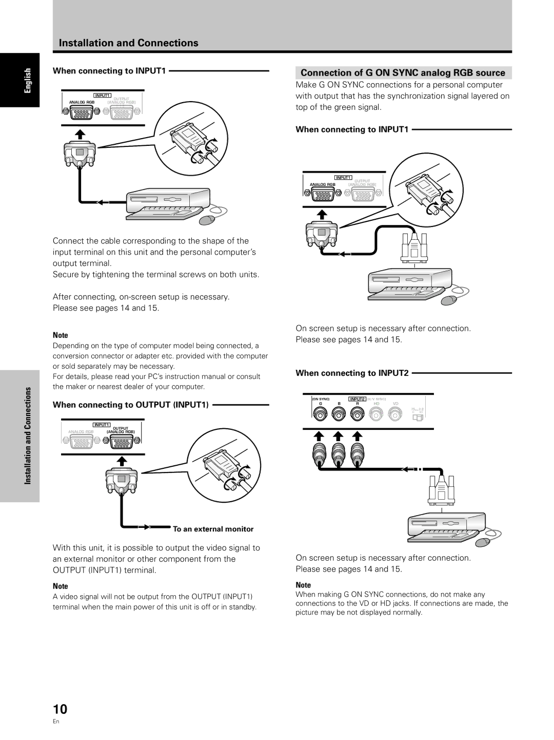 Hitachi CMP5000WXU Connection of G on Sync analog RGB source, When connecting to INPUT1, When connecting to Output INPUT1 