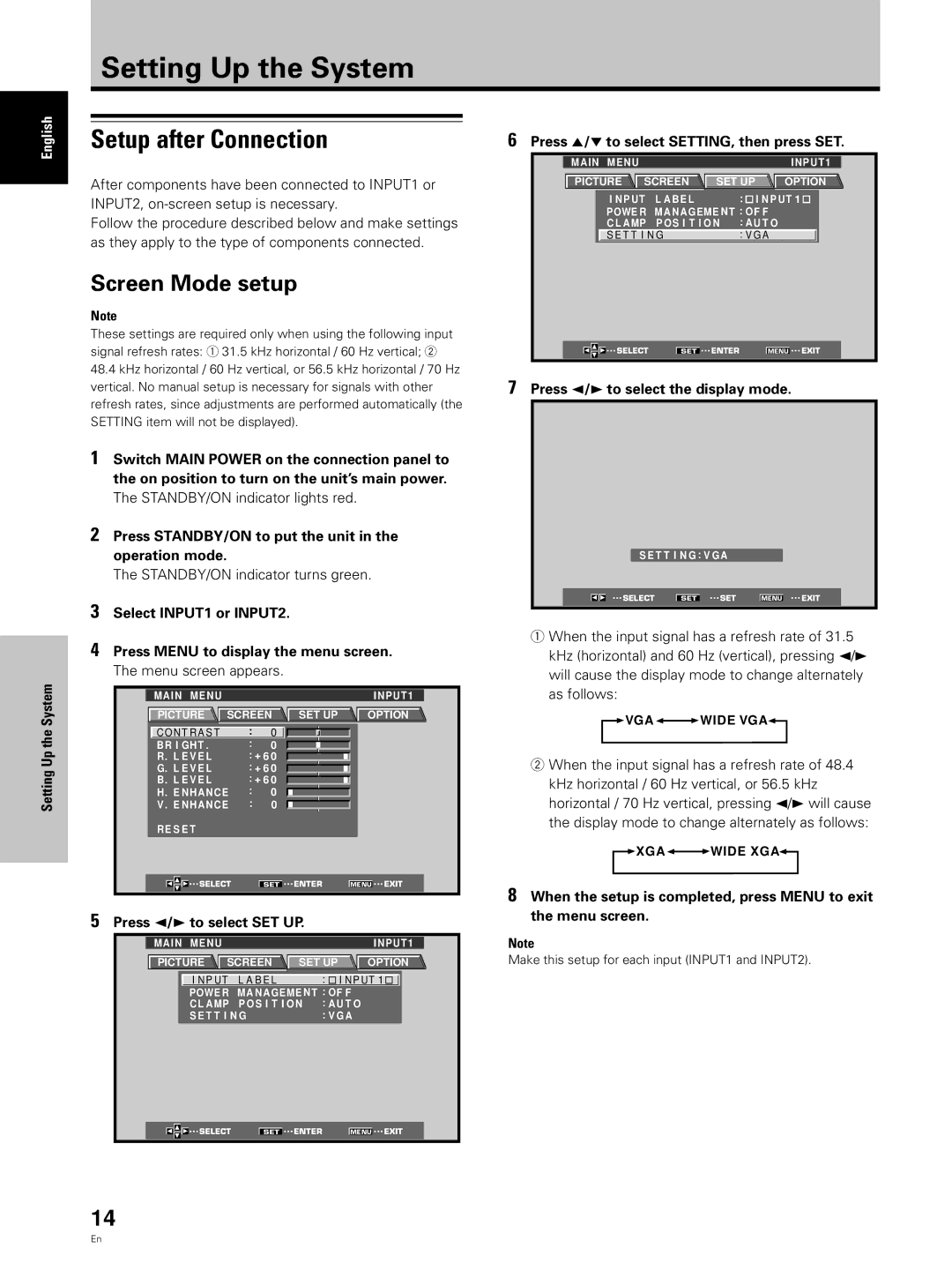 Hitachi CMP5000WXU, CMP5000WXJ user manual Setting Up the System, Setup after Connection, Screen Mode setup 