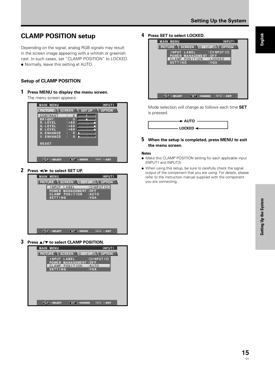 Hitachi CMP5000WXJ, CMP5000WXU user manual Clamp Position setup, Setup of Clamp Position, Press SET to select Locked 