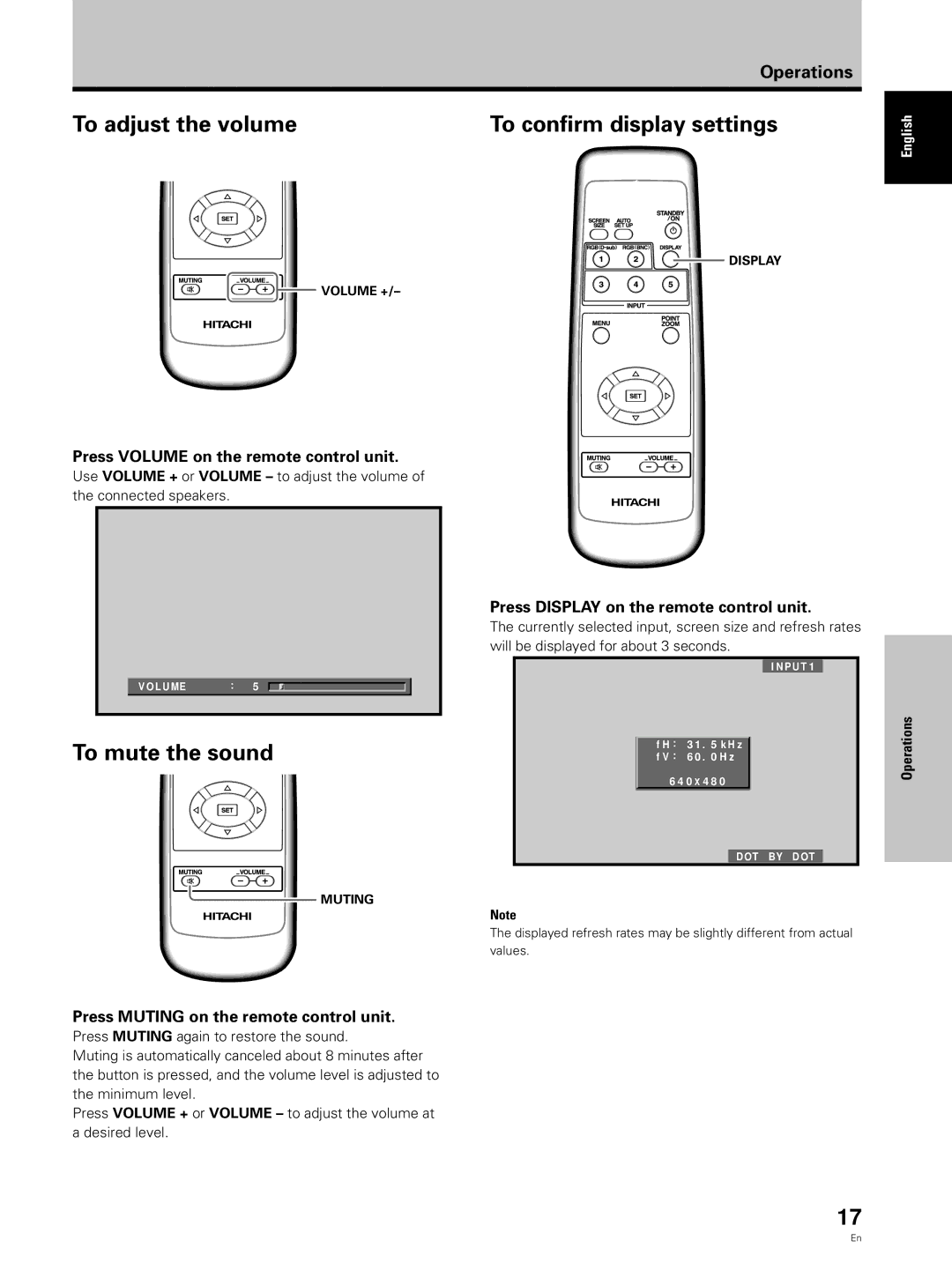 Hitachi CMP5000WXJ, CMP5000WXU user manual To adjust the volume, To mute the sound, Press Volume on the remote control unit 