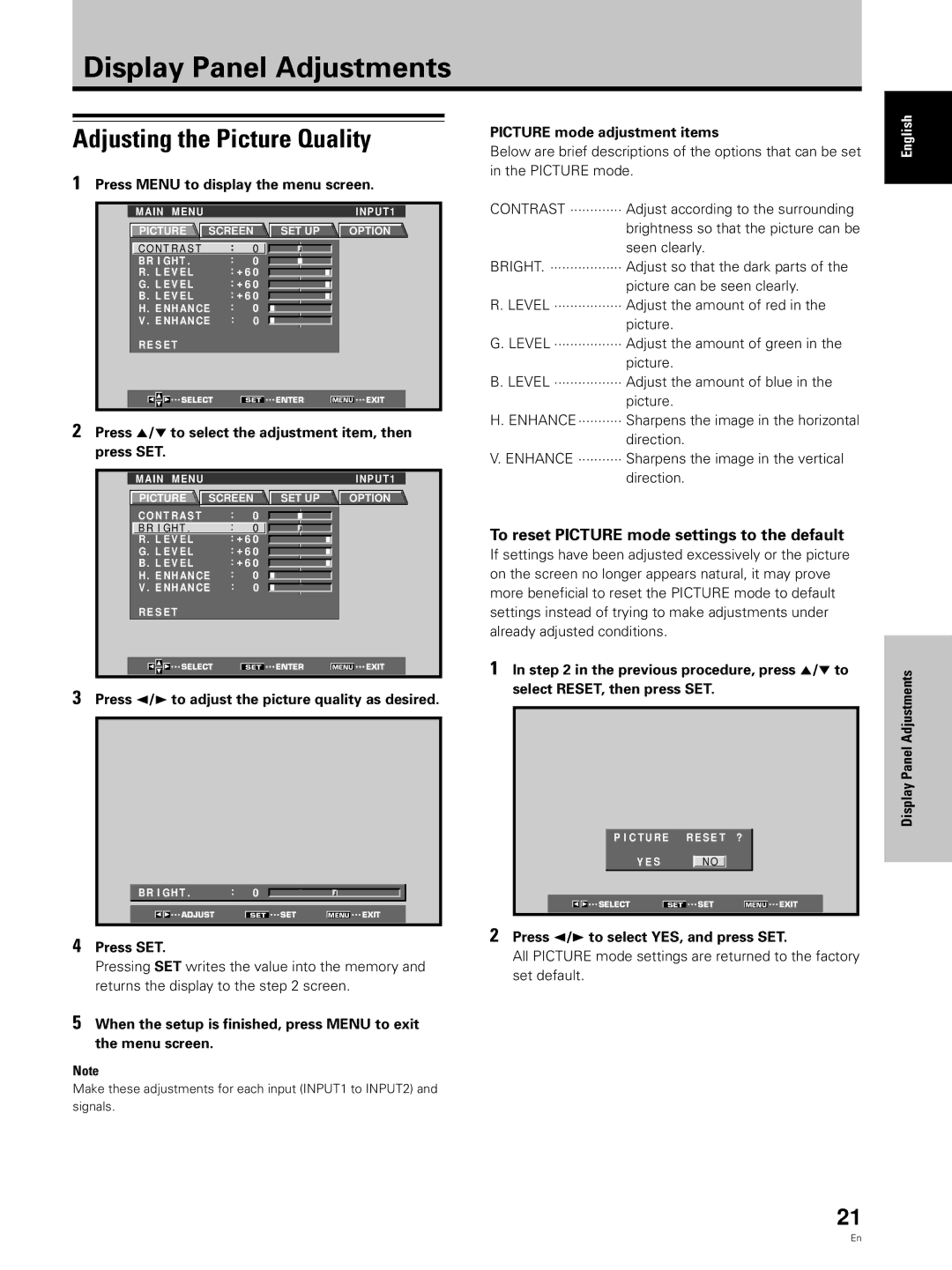 Hitachi CMP5000WXJ Display Panel Adjustments, Adjusting the Picture Quality, To reset Picture mode settings to the default 