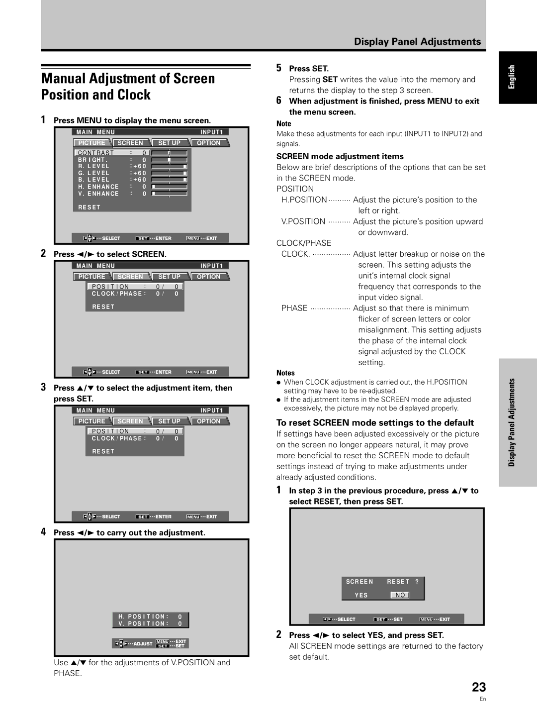 Hitachi CMP5000WXJ To reset Screen mode settings to the default, Press 2/3 to select Screen, Screen mode adjustment items 