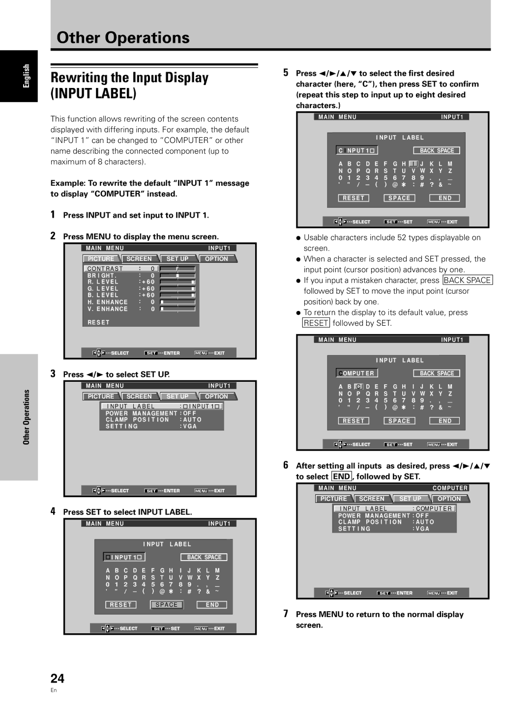 Hitachi CMP5000WXU, CMP5000WXJ user manual Other Operations, Rewriting the Input Display, Press SET to select Input Label 