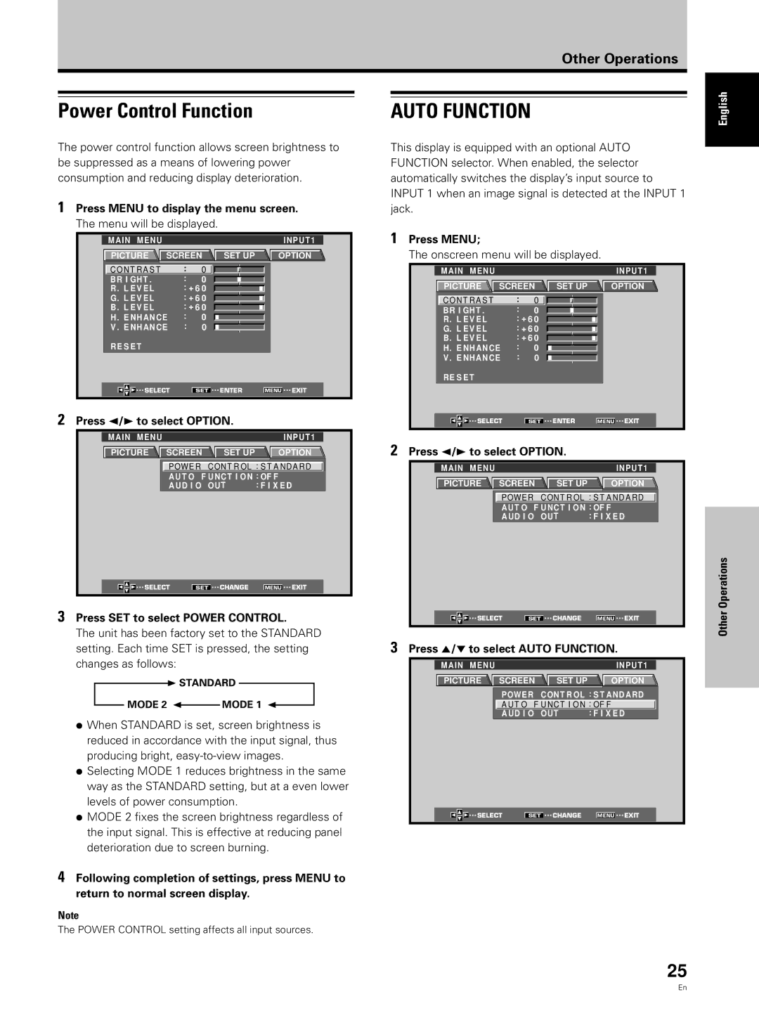 Hitachi CMP5000WXJ Power Control Function, Press 2/3 to select Option, Press SET to select Power Control, Press Menu 