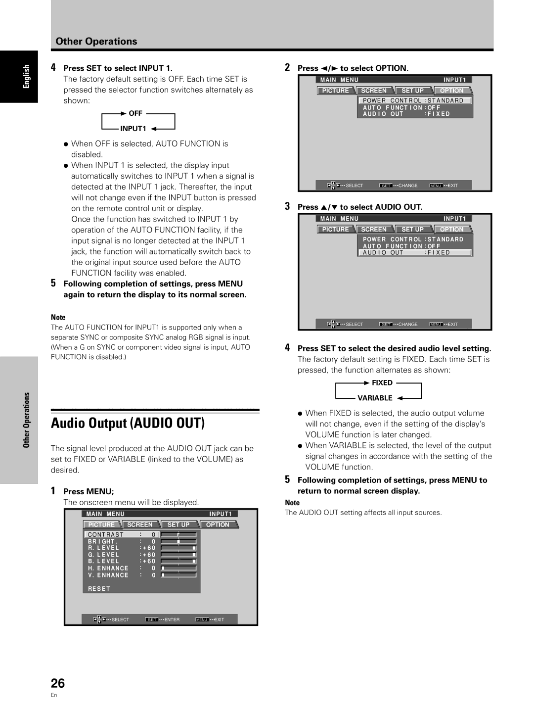 Hitachi CMP5000WXU Audio Output Audio OUT, Other Operations Press SET to select Input, Press 5/∞ to select Audio OUT 