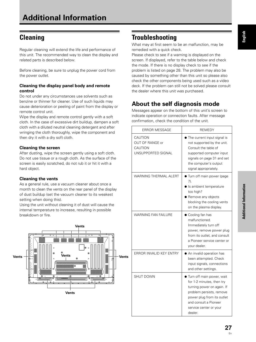 Hitachi CMP5000WXJ, CMP5000WXU user manual Additional Information, Cleaning, Troubleshooting, About the self diagnosis mode 