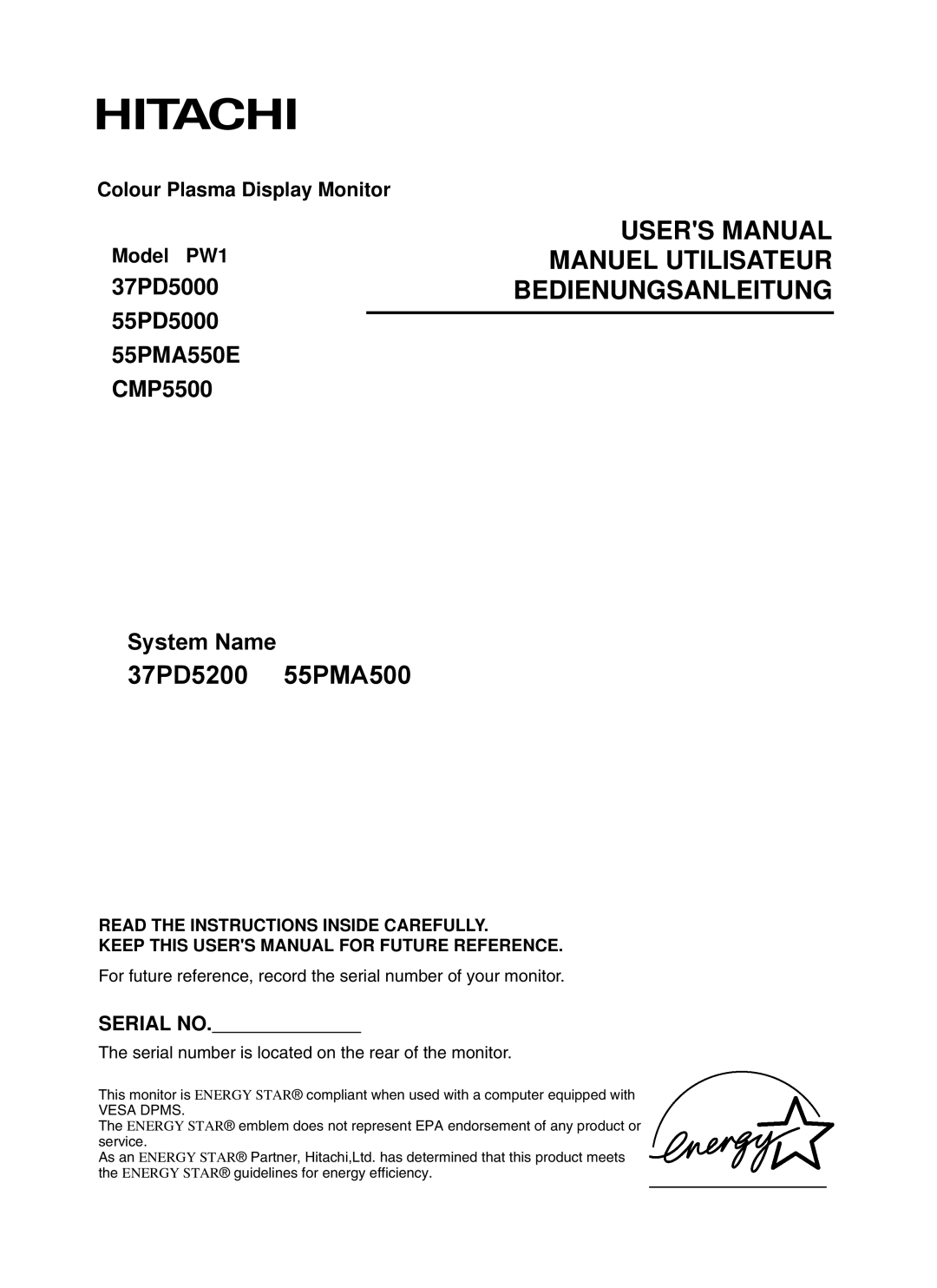 Hitachi 55PMA550E, CMP5500, 37PD5000, 55PD5000 user manual 37PD5200 55PMA500 