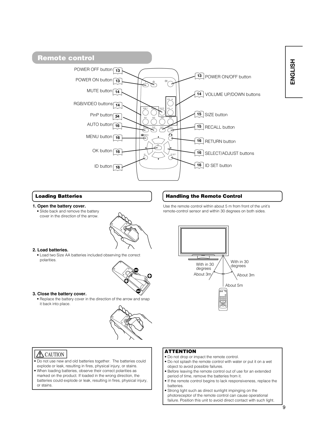 Hitachi 55PD5000, CMP5500, 55PMA550E, 37PD5000 user manual Remote control, Loading Batteries, Handling the Remote Control 