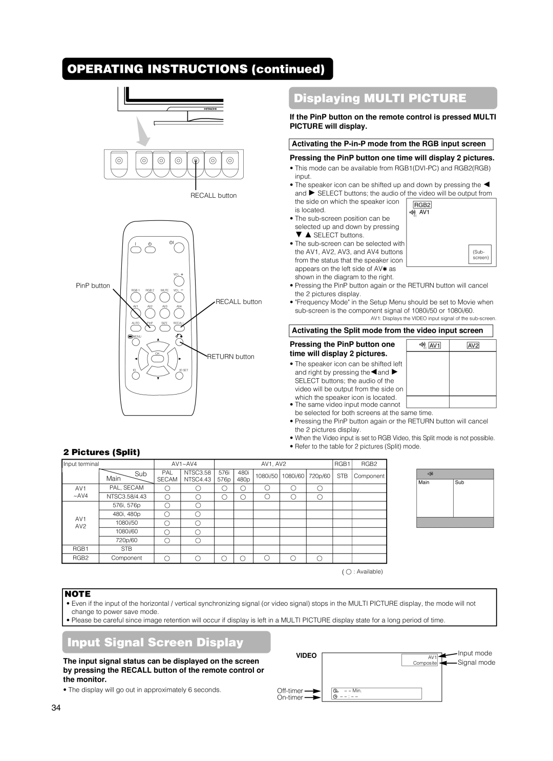 Hitachi CMP5500, 55PMA550E Operating Instructions Displaying Multi Picture, Pictures Split, Time will display 2 pictures 