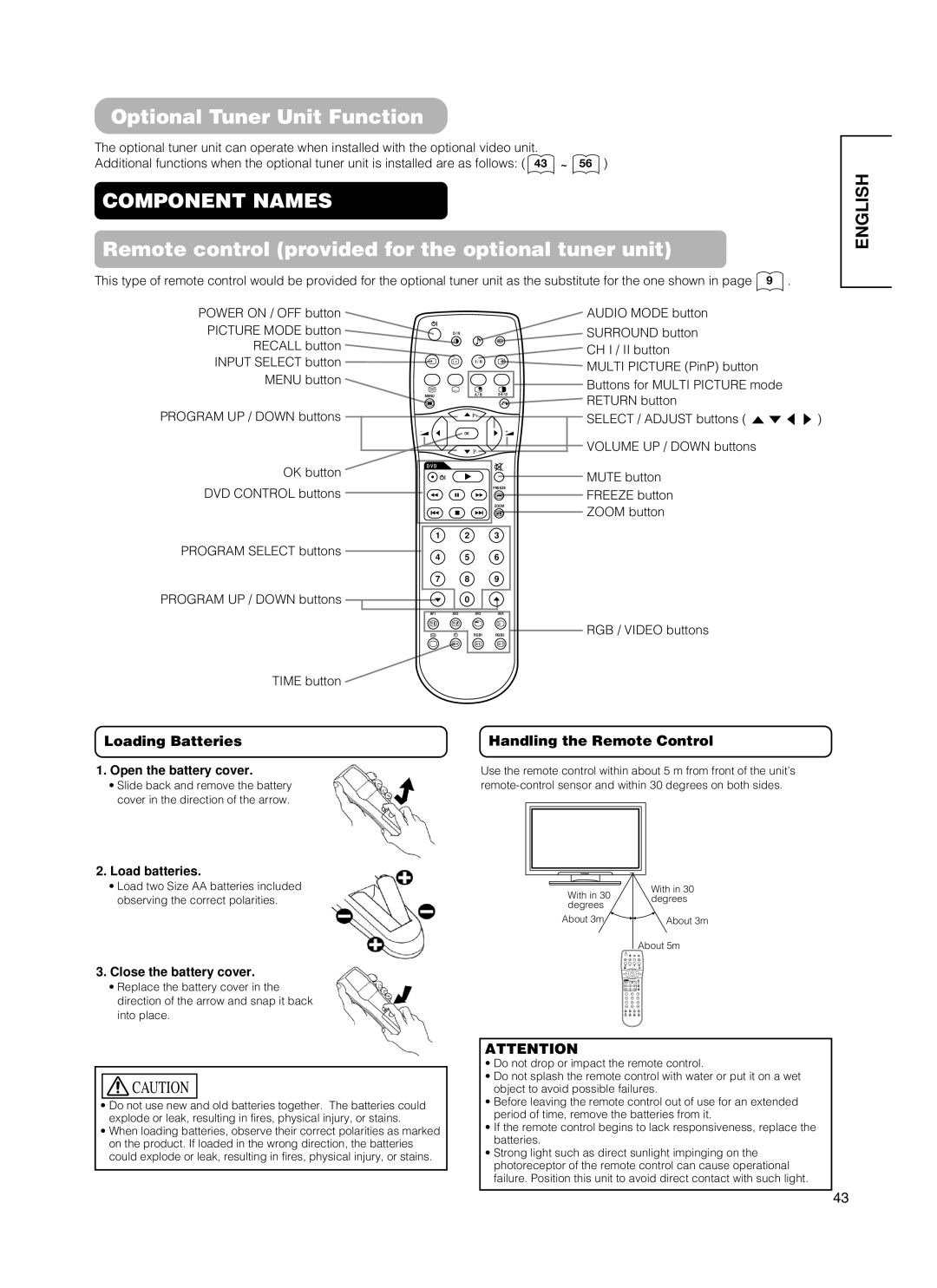 Hitachi 55PMA550E Optional Tuner Unit Function, Remote control provided for the optional tuner unit, Freeze button 